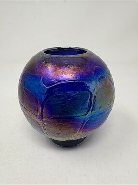 STUDIO ART GLASS Hand-Blown Tea Candle Holder Iridescent Finish Blue Purple Blue